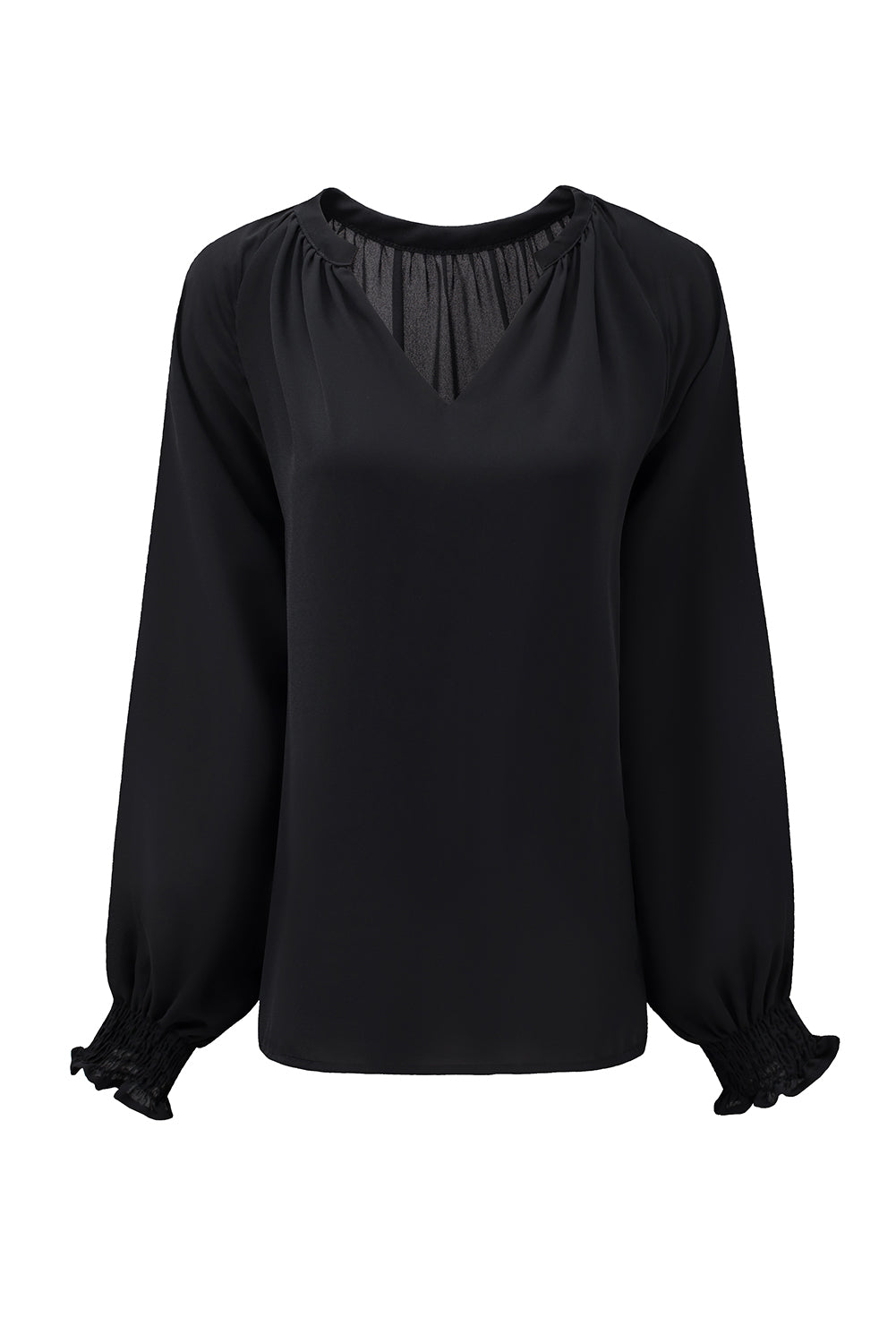 Black Pleated V Neck Puffy Sleeve Blouse