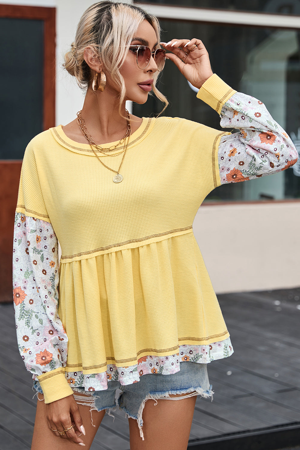 Yellow Floral Patchwork Waffle Knit Babydoll Blouse