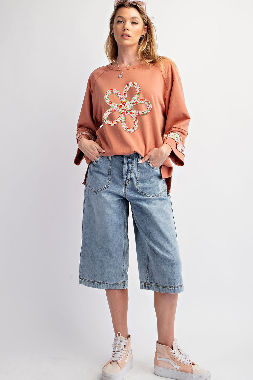 Grapefruit Orange Flower Patch Graphic Exposed Seam Wide Sleeve Top