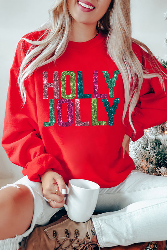 Red Heat Transfer HOLLY JOLLY Printing Christmas Pullover Sweatshirt