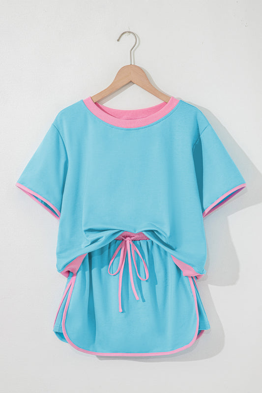 Turquoise Colorblock Edge Drop Shoulder T Shirt and Skirt 2Pcs Set