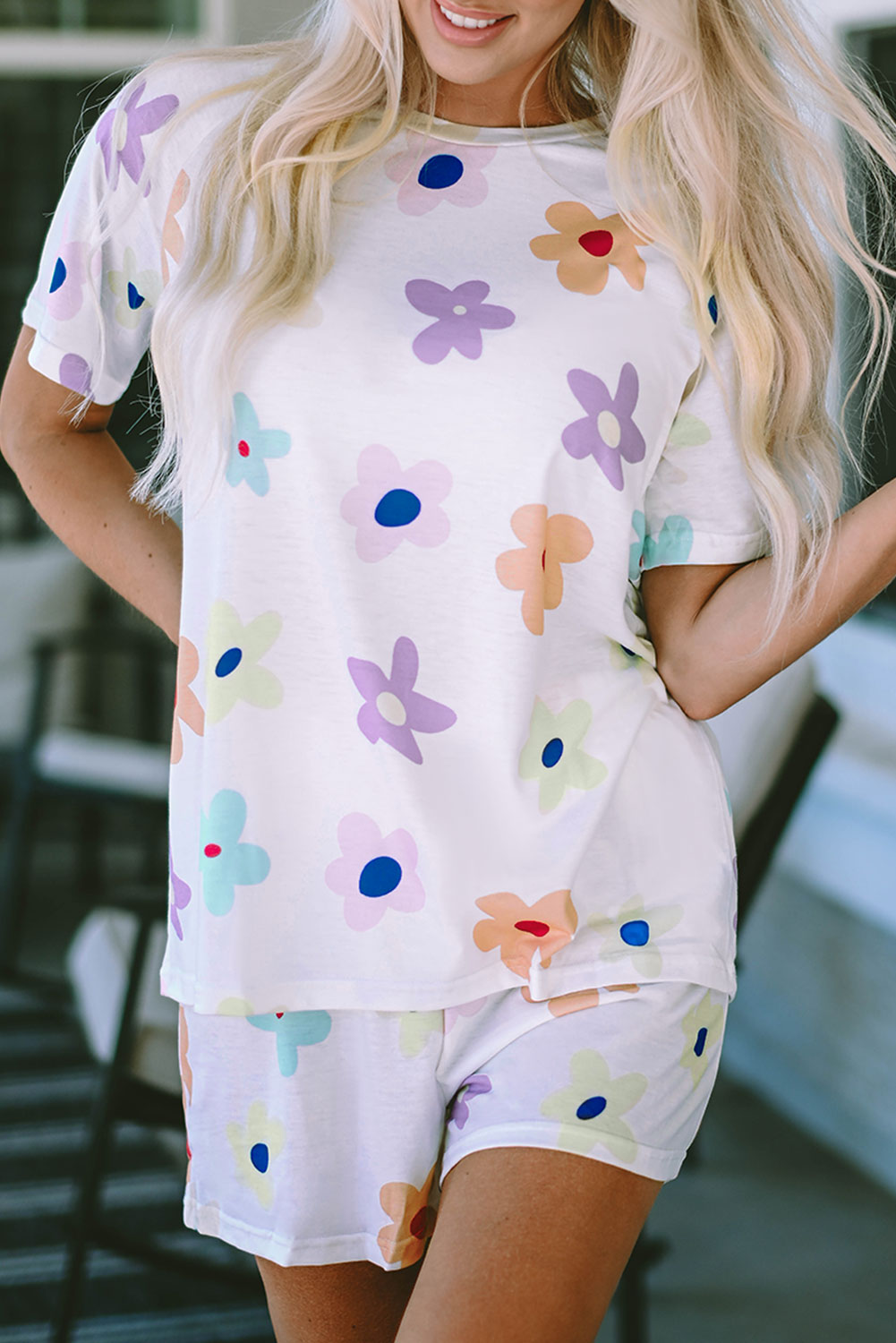 White Flower Print Short Sleeve High Waist Two Piece Shorts Set