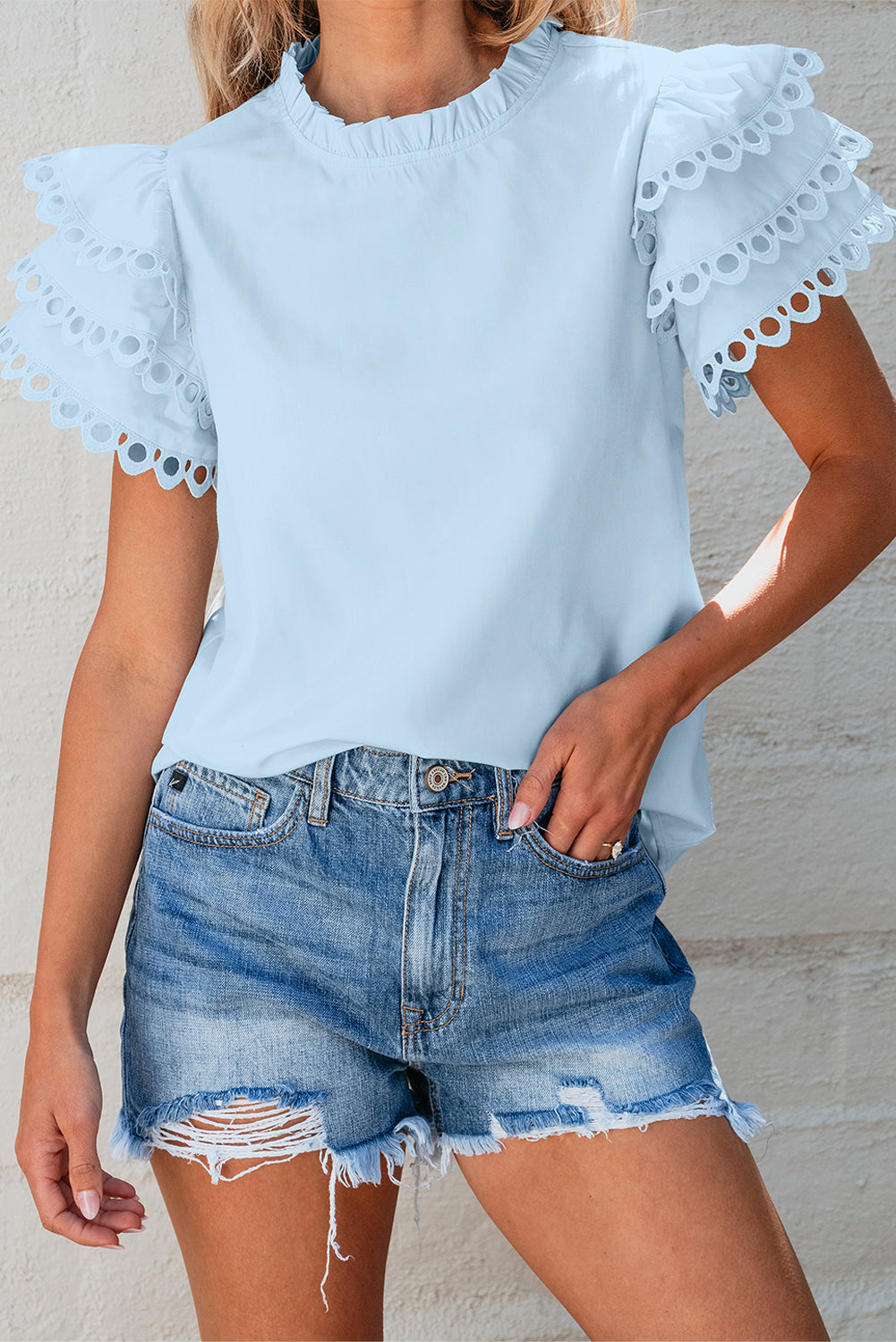 Beau Blue Layered Ric Rac Cap Sleeve Filled Neck Blouse