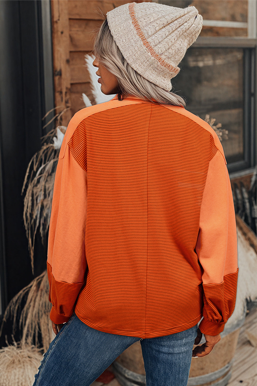 Orange Stripe Exposed Seam Henley Turn-down Neck Puff Sleeve Sweatshirt