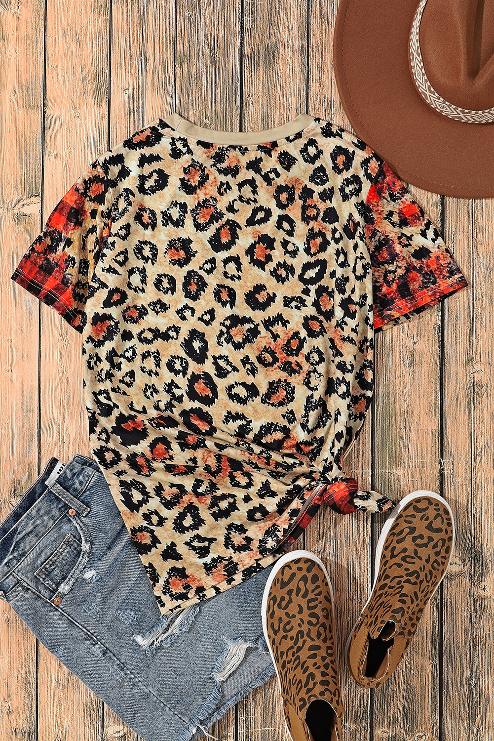 Plaid Bleached Leopard Print Short Sleeve T Shirt