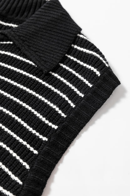 Black Stripe Turn-down V Neck Sweater Tank Top