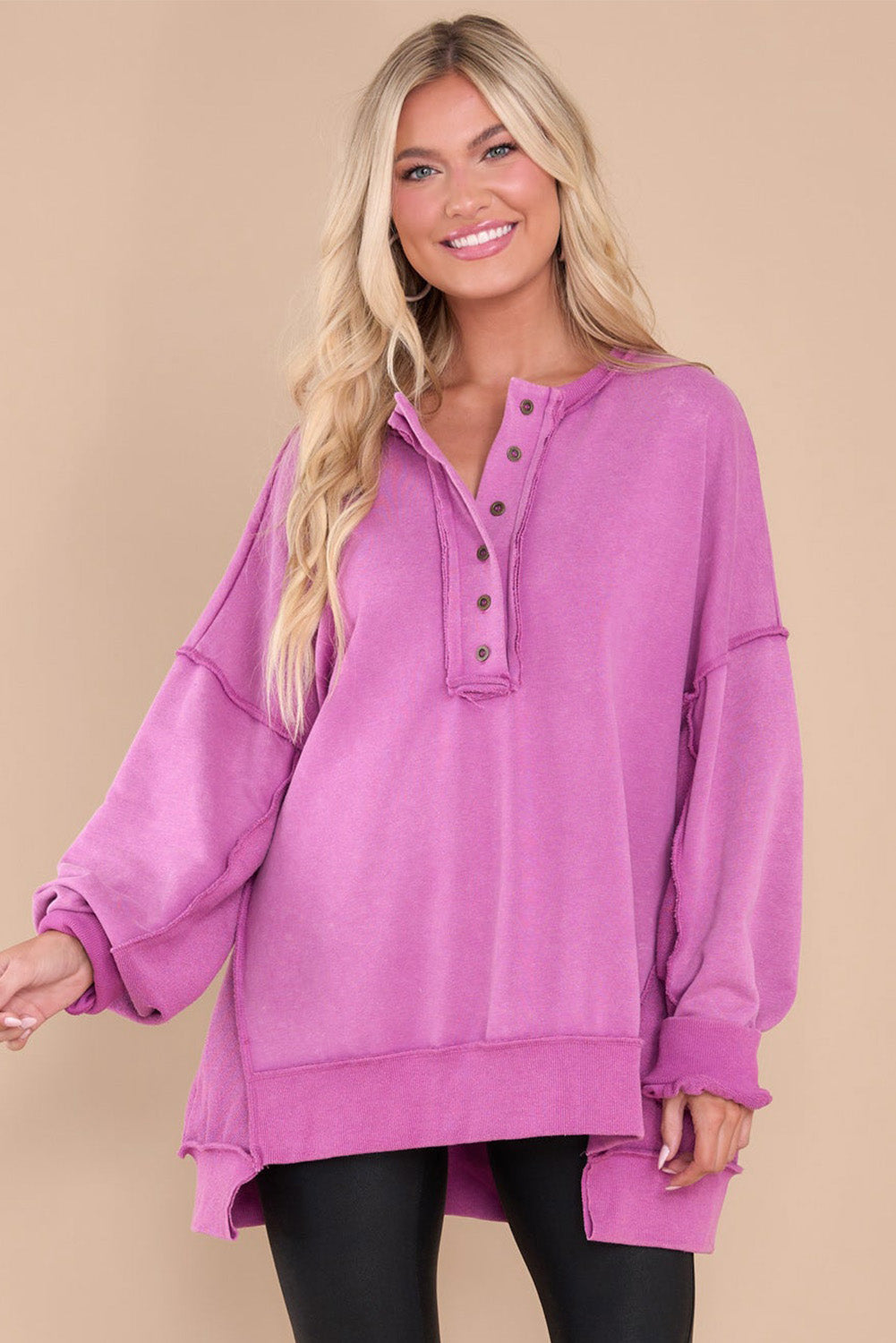 Purple Oversized Exposed Seam Henley Sweatshirt