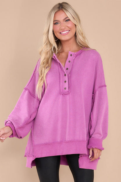 Purple Oversized Exposed Seam Henley Sweatshirt