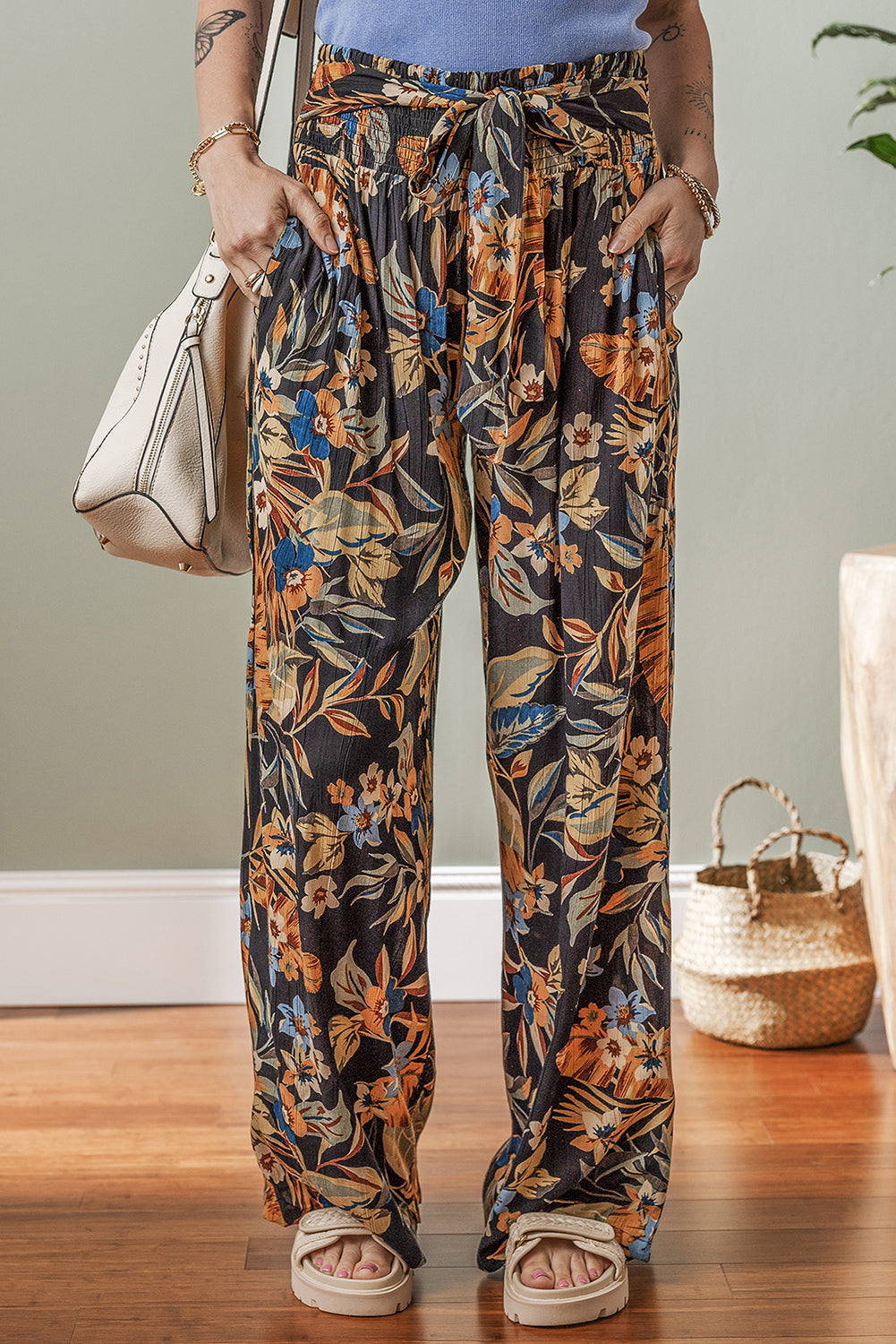 Multicolour Floral Shirred High Waist Wide Leg Pants with Tie