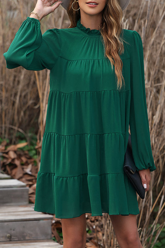 Green Puff Sleeve Mock Neck Back Knot Tiered Dress