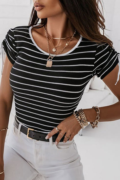 Black Striped Drawstring Sleeve Contrast Neckline T Shirt