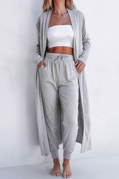 Light Grey Split Long Cardigan and Skinny Pants Lounge Set