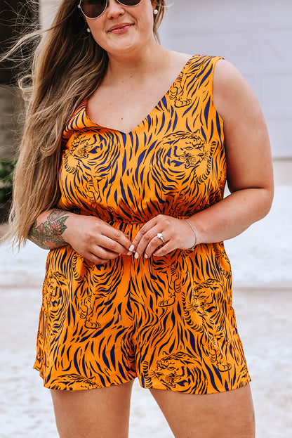 Yellow Plus Size Tiger Print Sleeveless V Neck Romper