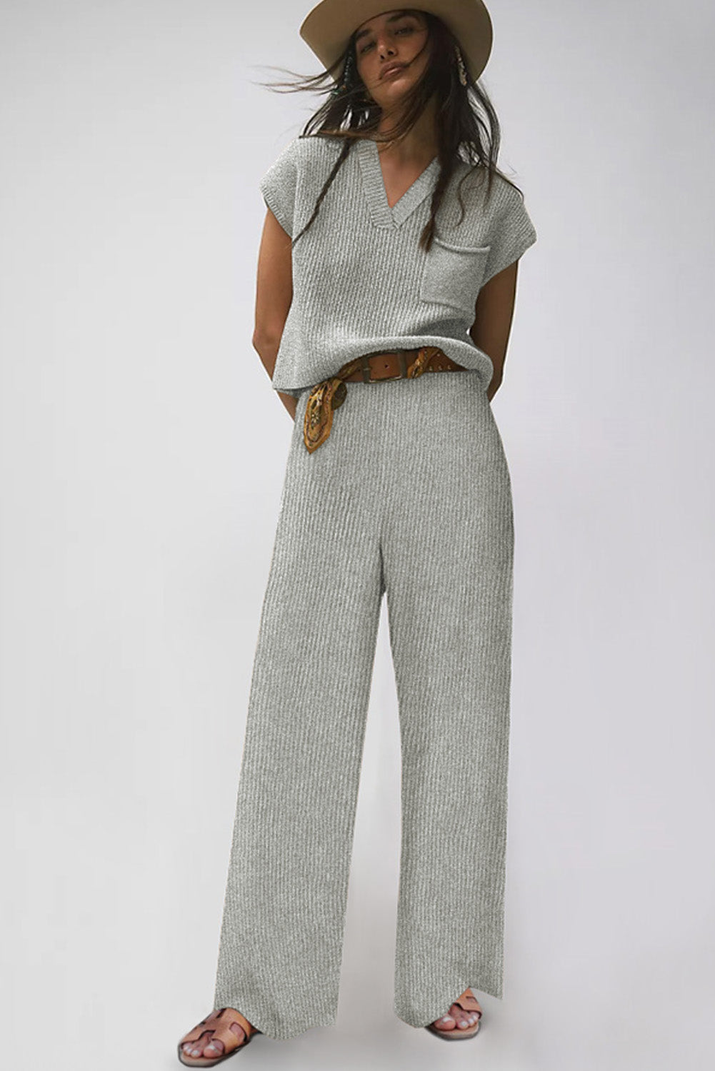 Gray Knitted V Neck Sweater and Casual Pants Set