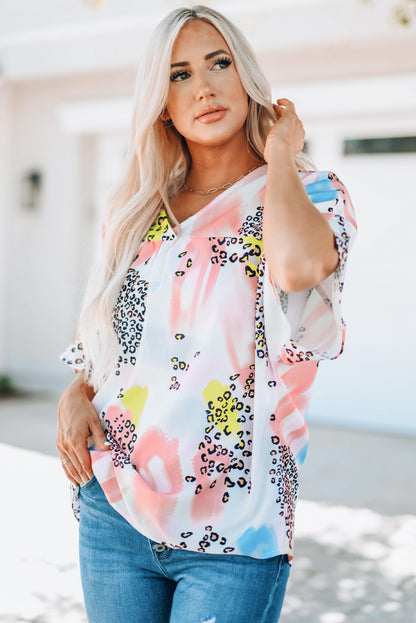 Mixed Print V-Neck Half Sleeve Top