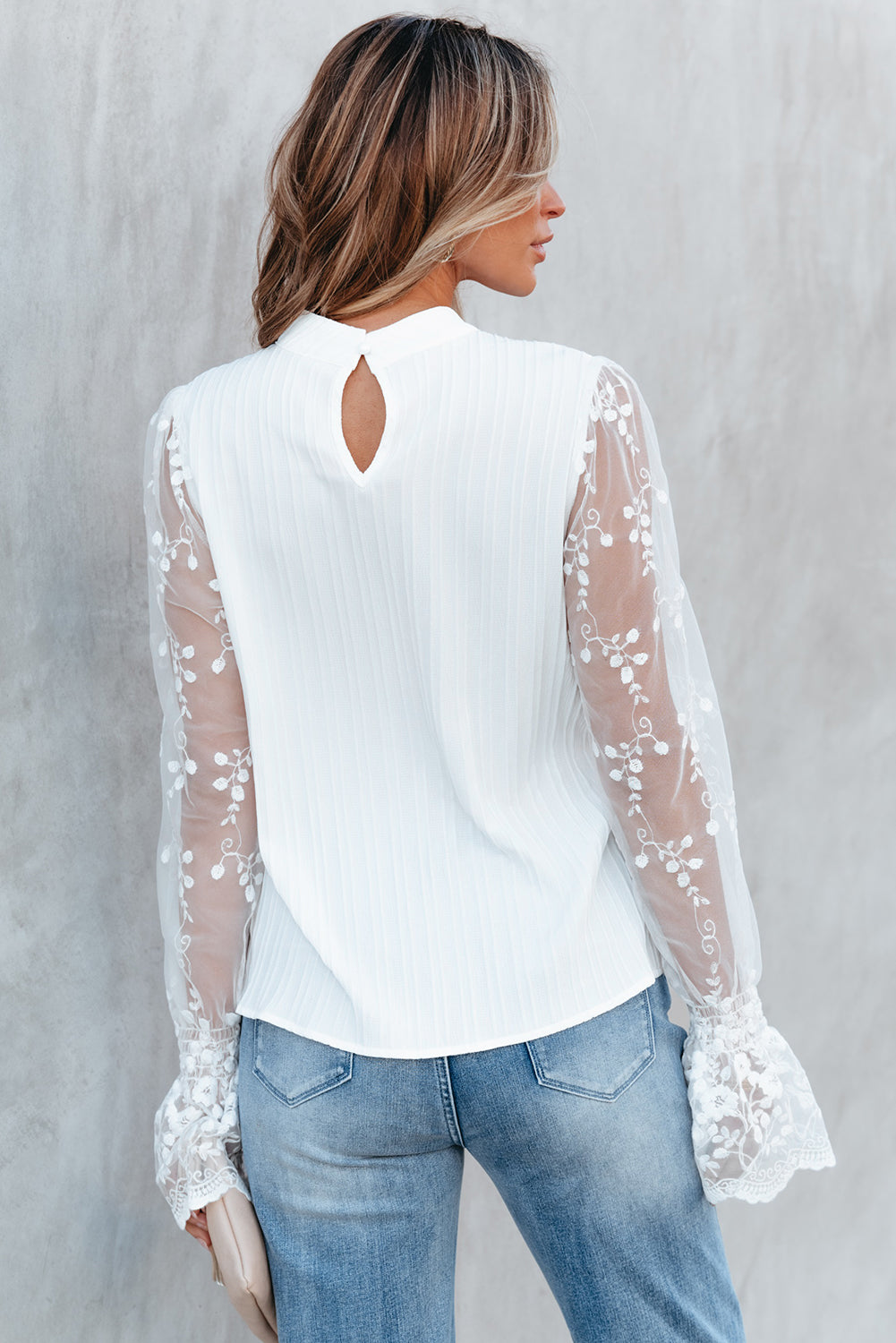 White Contrast Lace Sleeve Mock Neck Textured Blouse