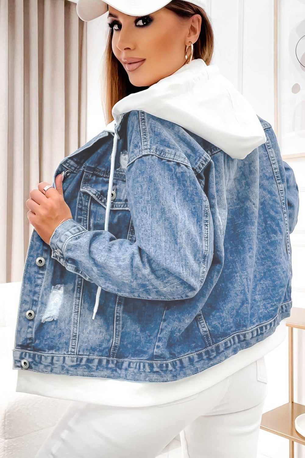 Sky Blue Distressed Contrast Hooded Denim Jacket with Pockets