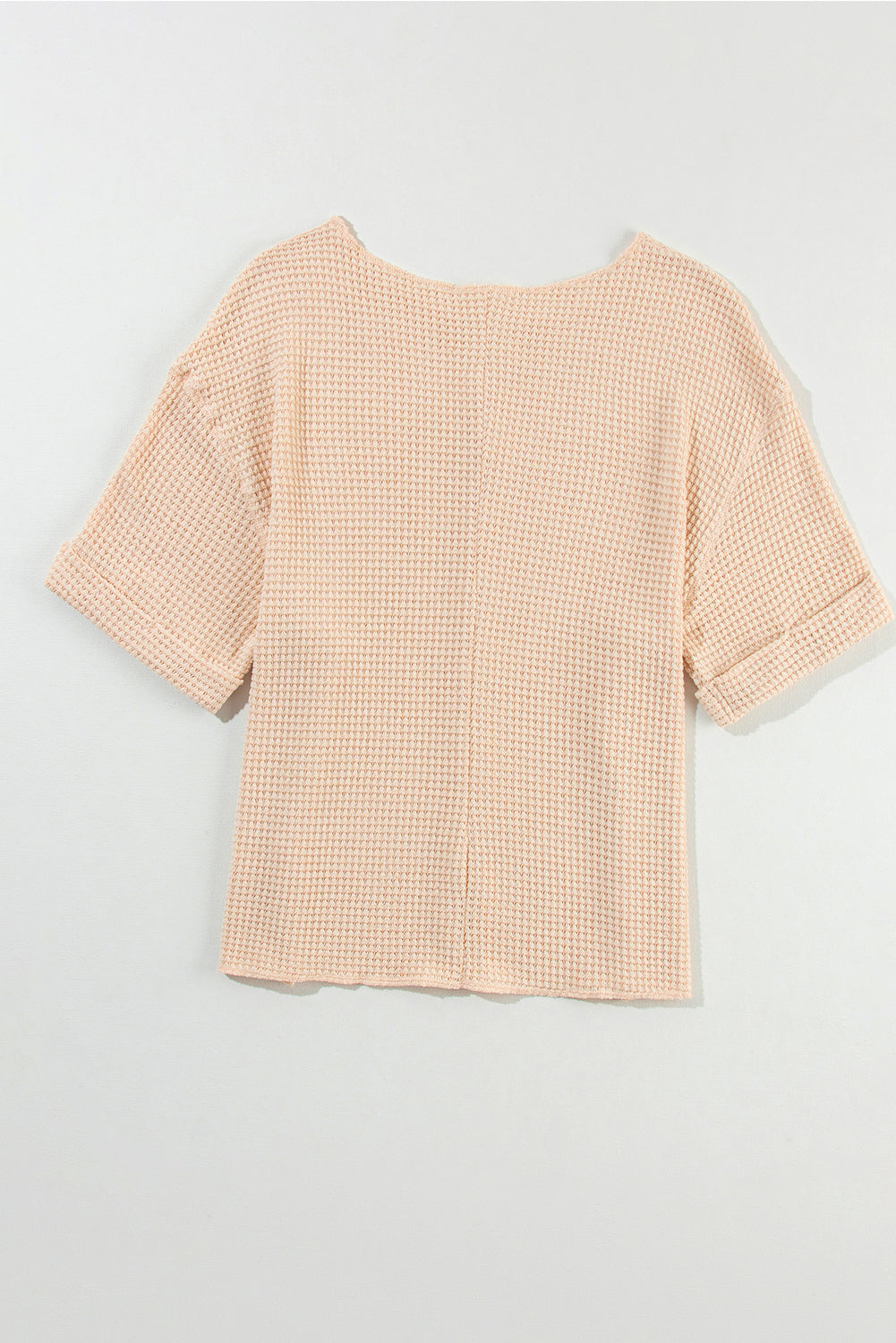 Parchment Textured Knit Split Neck Cuffed Short Sleeve Top