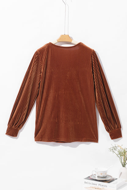 Chestnut Half Zip V Neck Ribbed Velvet Top