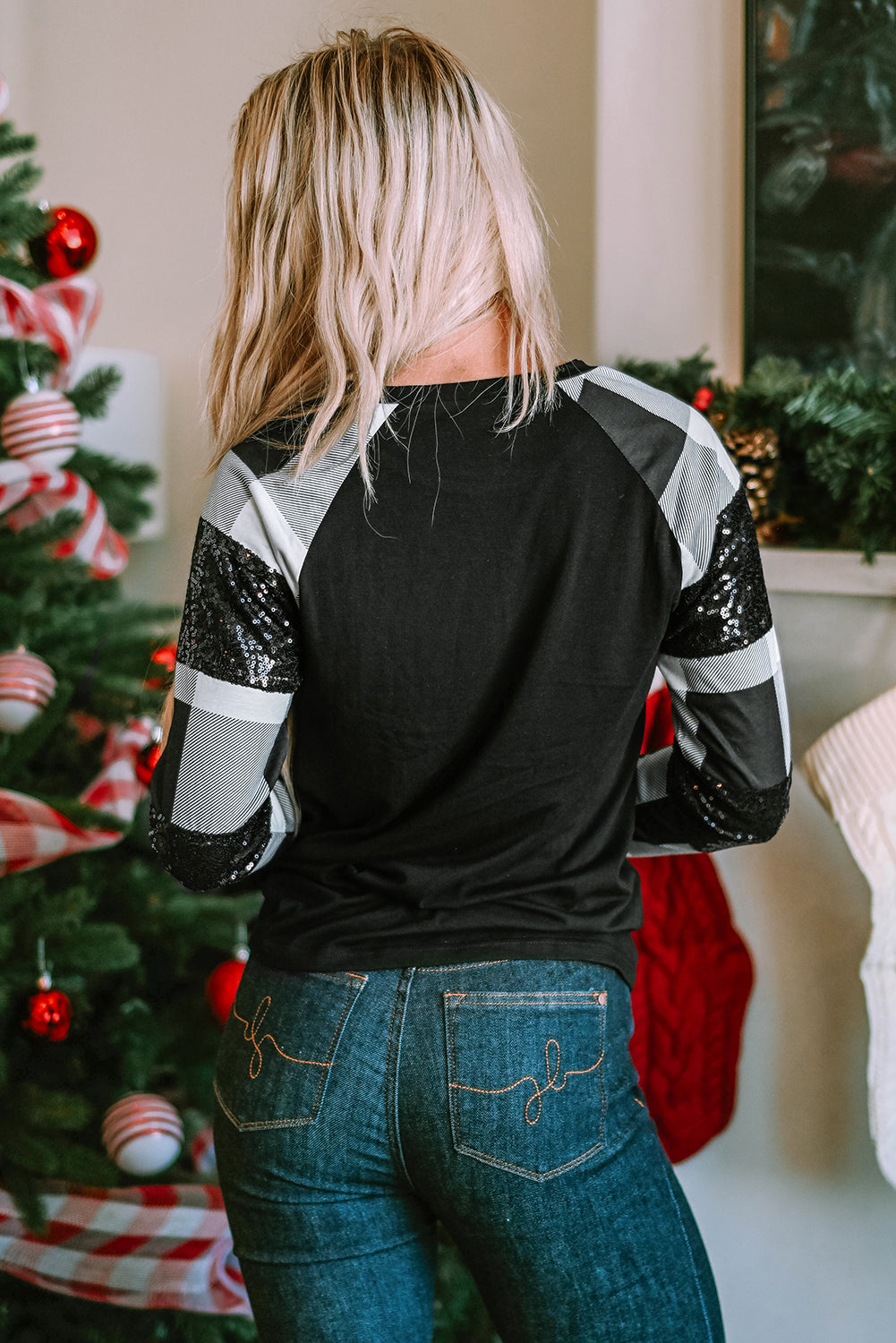 Black Sequin Plaid Patchwork Raglan Sleeve Top