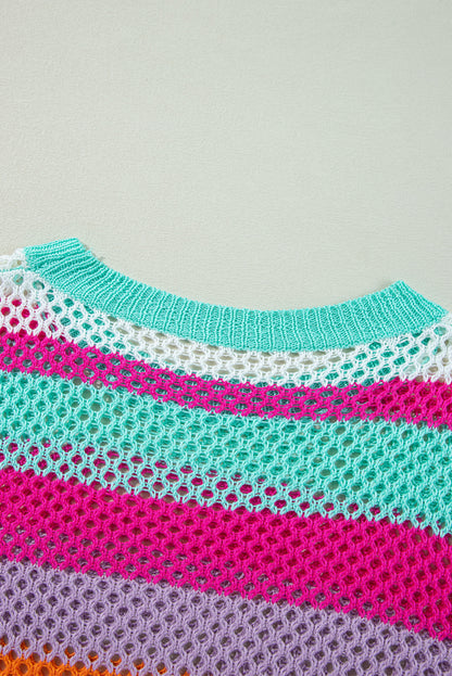 Rose Red Colorblock Patchwork Knit Crochet Eyelet Sweater