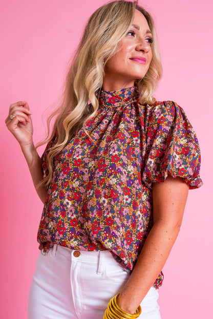 Purple Floral Print Knotted High Neck Puff Sleeve Blouse