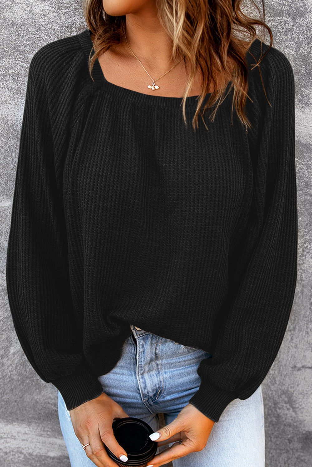 Black Scoop Neck Puff Sleeve Waffle Knit Top