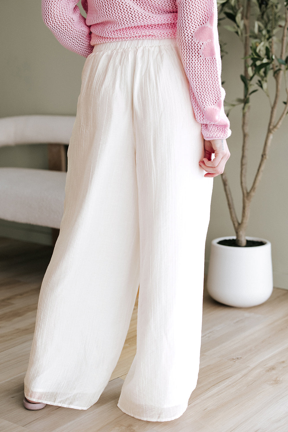 White Casual Tie Waist Pleated Wide Leg Pants