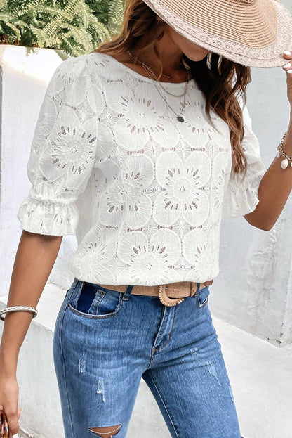 White Flower Eyelet Jacquard Keyhole Flounce Sleeve Top