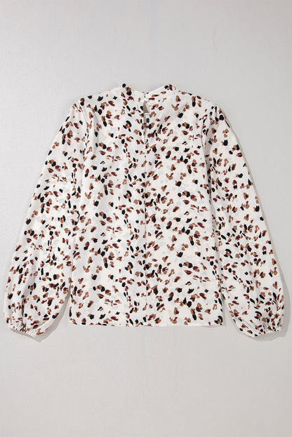 White Leopard Print Lantern Sleeve Mock Neck Pleated Blouse