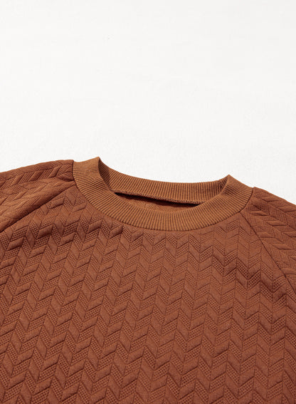 Chestnut Solid Textured Raglan Sleeve Pullover Sweatshirt