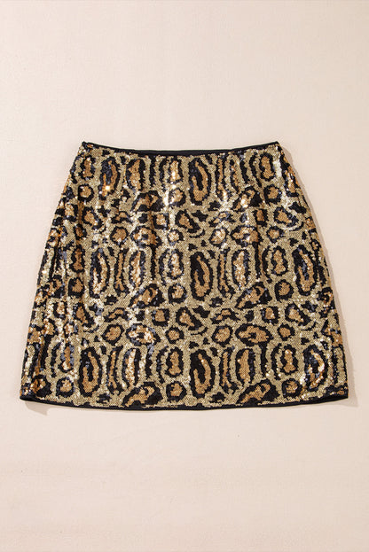 Brown Sequined Leopard Print Disco Mini Skirt