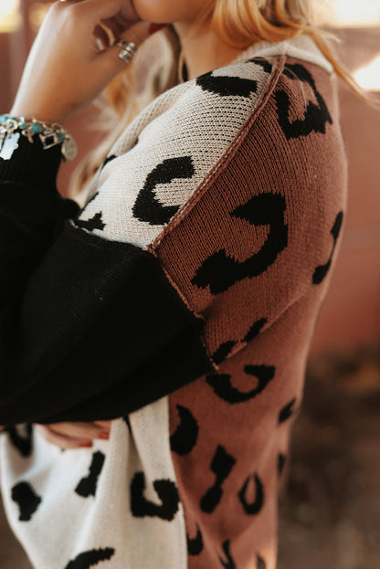 Coffee Leopard Print Colorblock Pullover Sweater