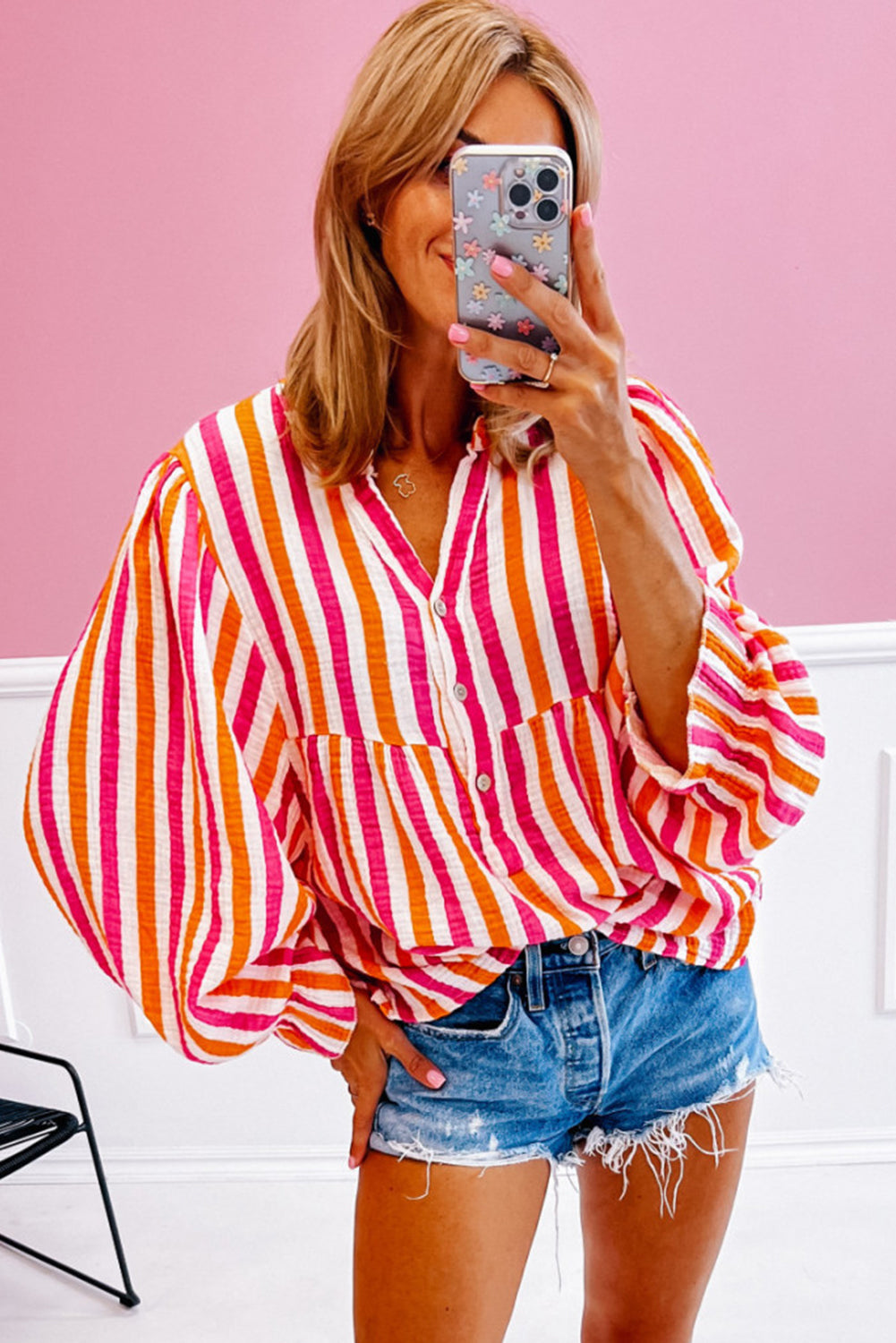 Orange Stripe Balloon Sleeve Notched V Neck Buttoned Front Blouse