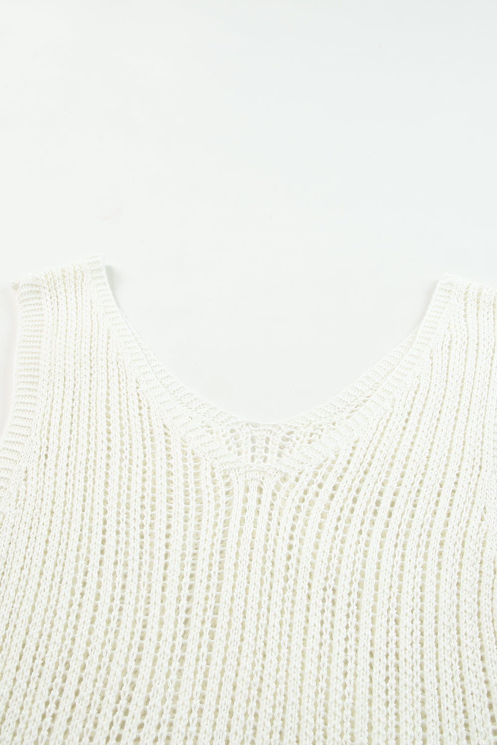 White Hollowed Knit V Neck Tank Top