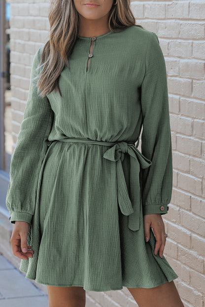 Jungle Green Button Neck Puff Sleeve Belted Pleated Mini Dress