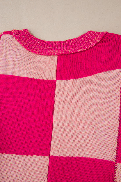 Rose Red Mixed Checkered Pattern Drop Shoulder Loose Sweater