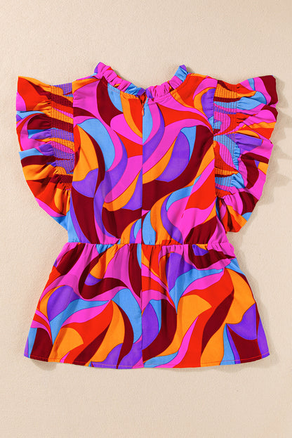 Orange Abstract Print Flutter Sleeve Peplum Blouse