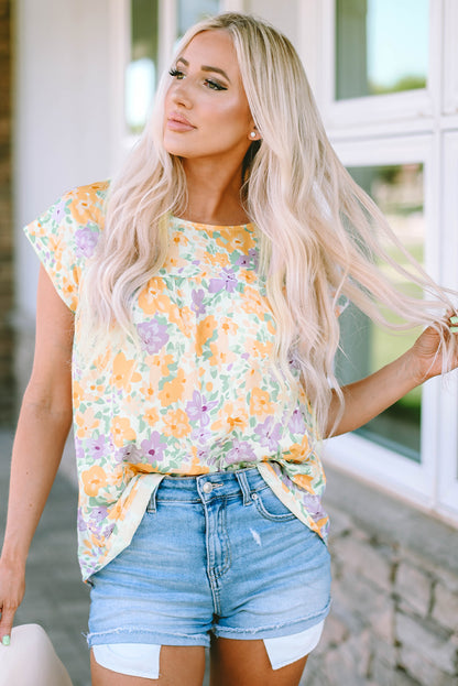 Yellow Floral Print Keyhole Back Short Sleeve Babydoll Blouse