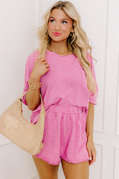 Sachet Pink Loose Fit Half Sleeve T Shirt and High Waist Skirt Set