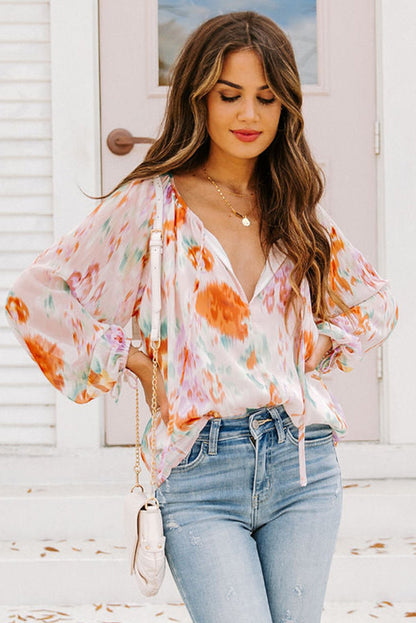 Multicolor Abstract Print Split Neck Puff Sleeve Blouse