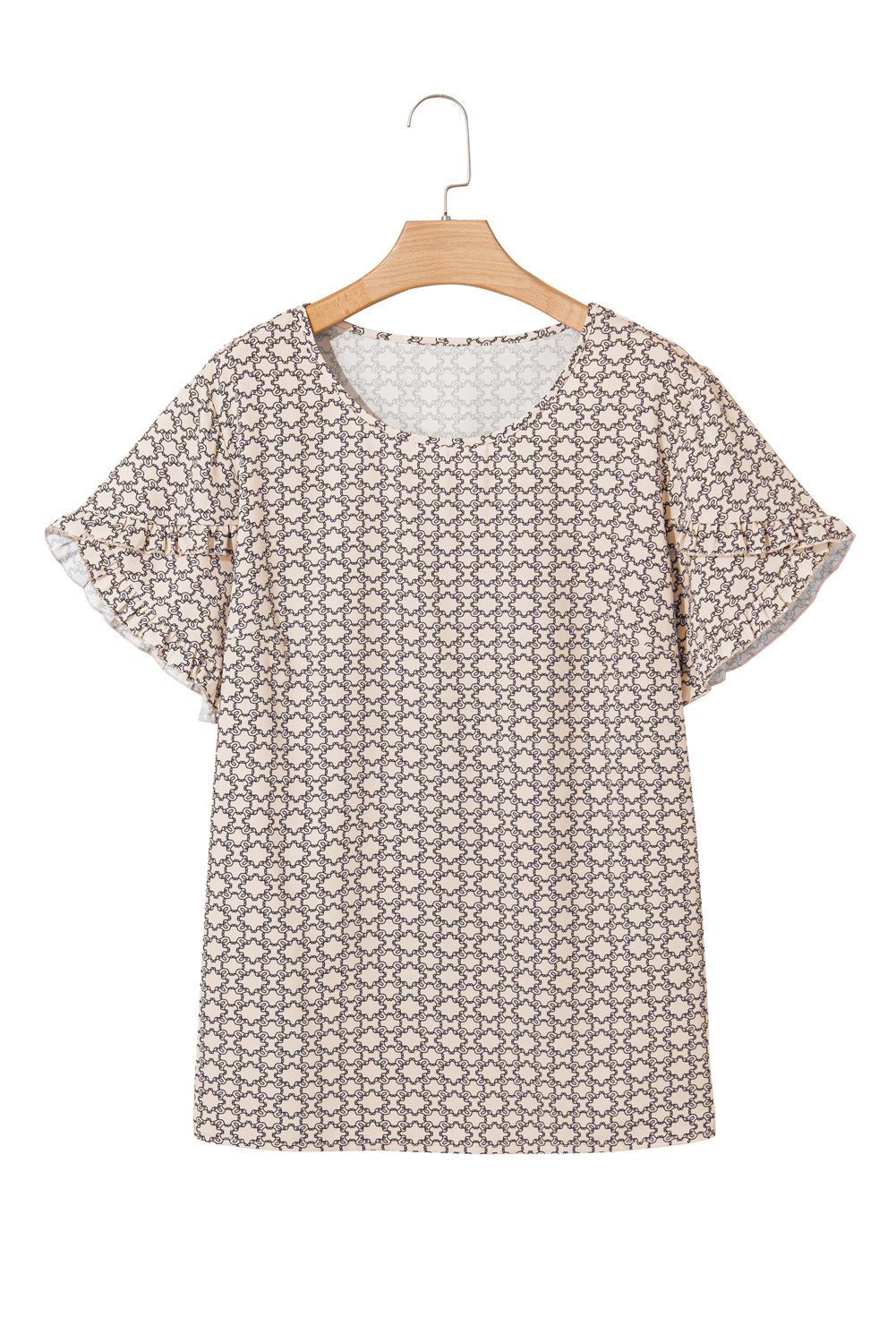 Khaki Plus Size Geometric Print Ruffled Sleeve Blouse