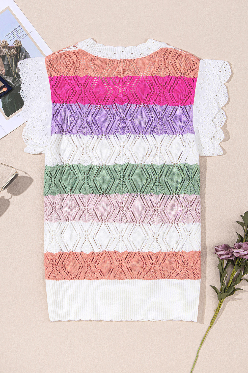 Rose Stripe Colorblock Hollowed Knit Scallop Edge Sweater Vest