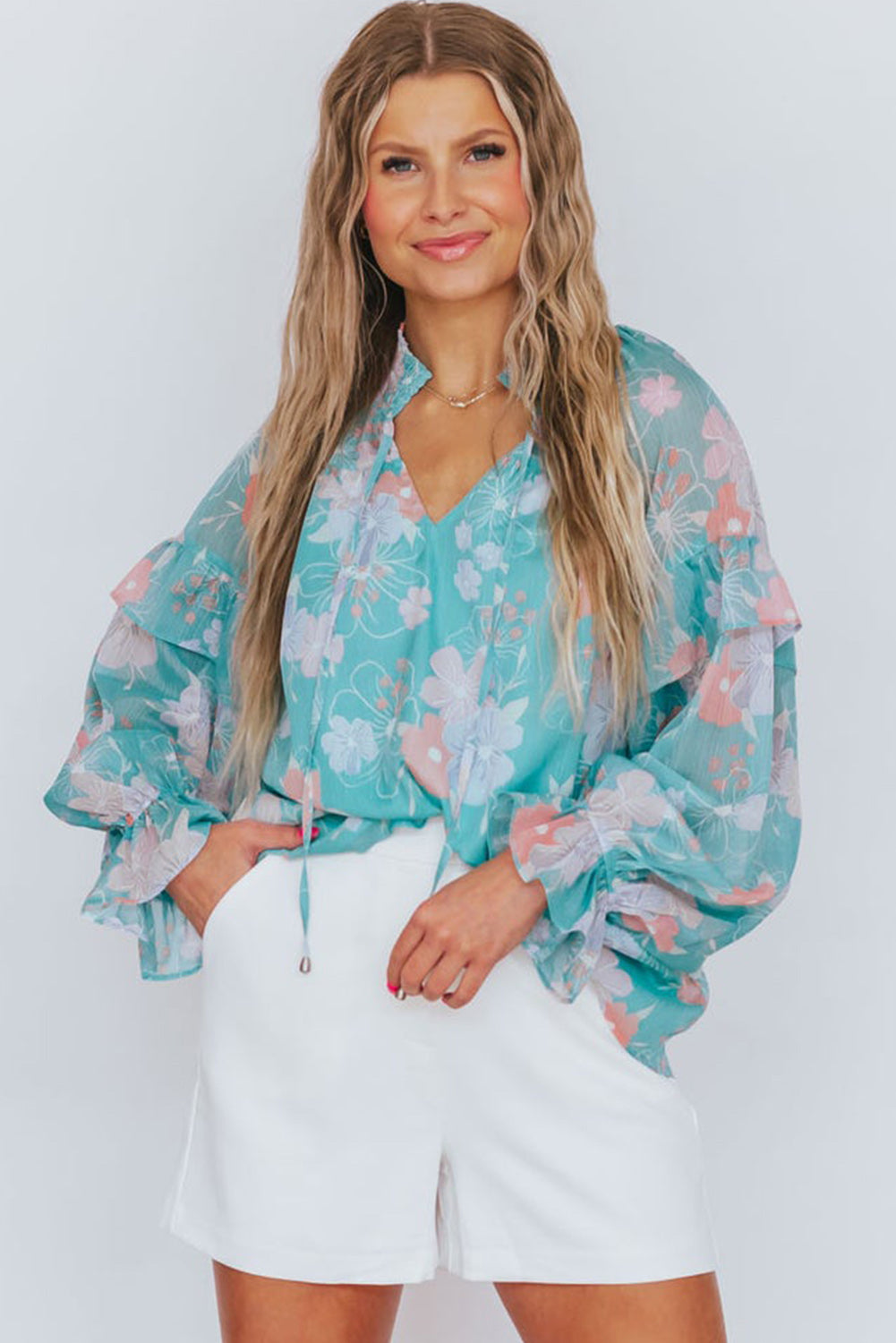 Sky Blue Floral Split Neck Ruffled Puff Sleeve Blouse