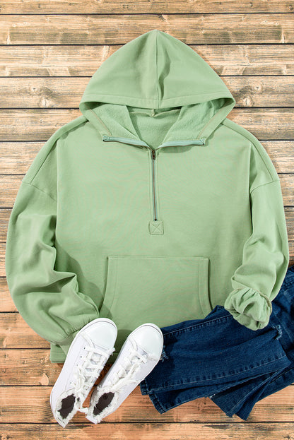 Smoke Green Fleece Lined Half Zipper Kangaroo Pockets Loose Hoodie