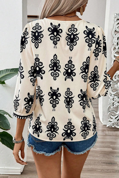 Beige Vintage Geometric Printed 3/4 Sleeve V Neck Blouse