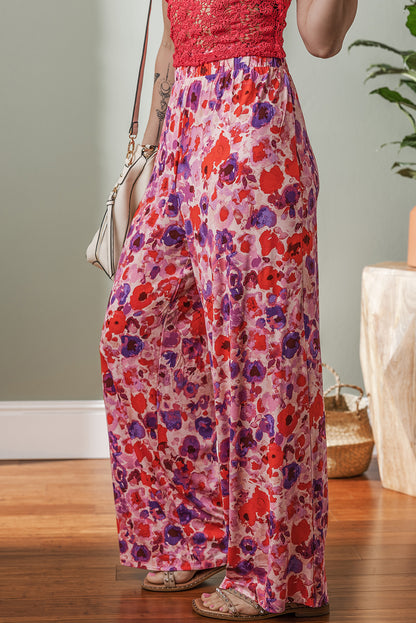 Purple Floral Wide Leg Elastic High Waist Pants