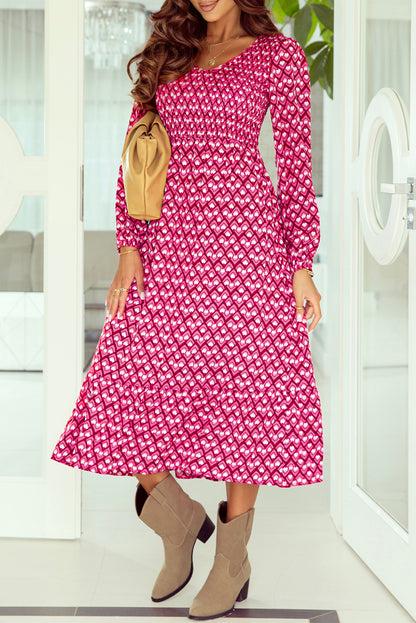 Geometric Print Shirred V Neck High Waist Long Dress