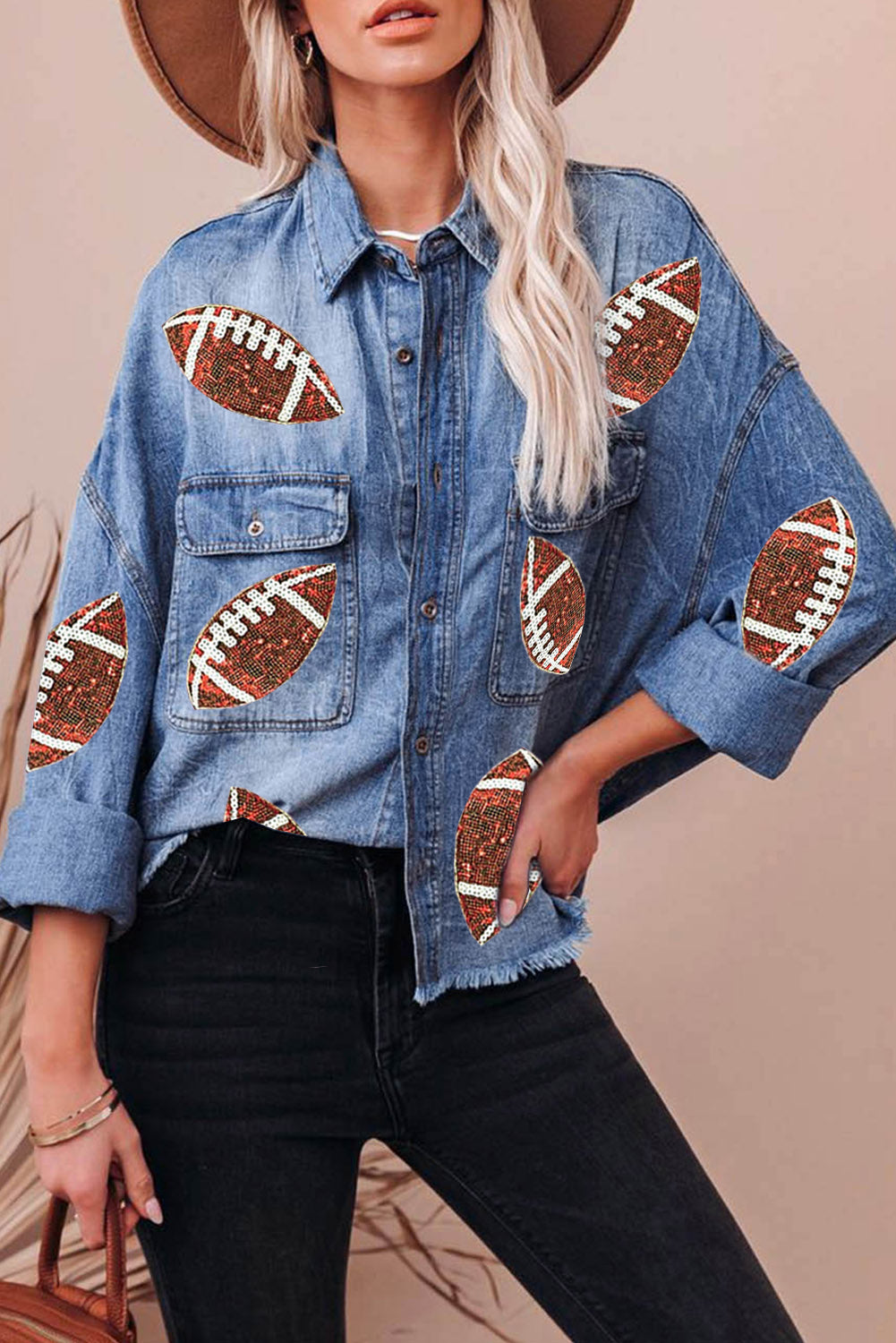 Sky Blue Sequin Rugby Football Graphic Flap Pockets Raw Hem Game Day Denim Jacket