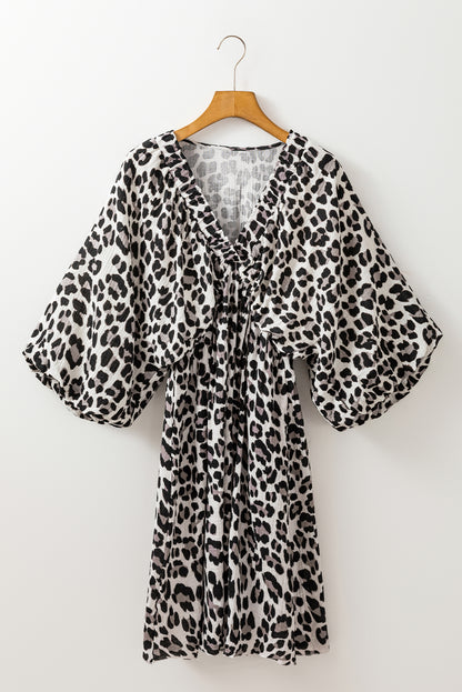 Black Leopard Print Elasticated V Neck 3/4 Puff Sleeve Dress